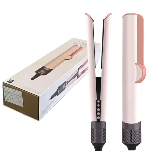 Pink two-in-one wet-to-dry air straightener with its packaging, supplier photograph